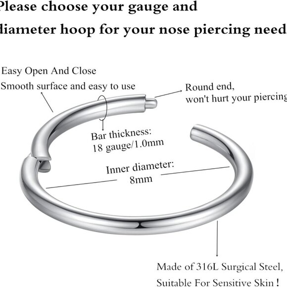 Hypoallergenic Surgical Steel Nose Rings - 18G 16G 14G 12G 10G 8G in Silver, Gol - Picture 2 of 7